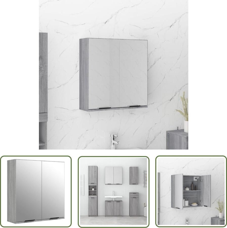 VidaXL Badkamermeubilair Badkamerkast met spiegel 64x20x67 cm grijs sonoma eikenkleurig Grijze Badkamerkast Sonoma Eiken Houten Badkamerkast