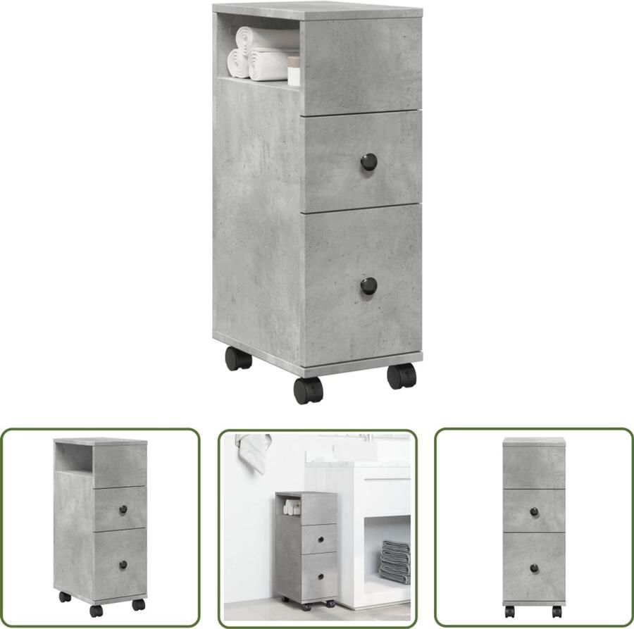The Living Store Badkamerkast smal met wielen bewerkt hout betongrijs Badkamerkast Badkamermeubilair Opbergkast Houten Kast Slimme Oplossingen