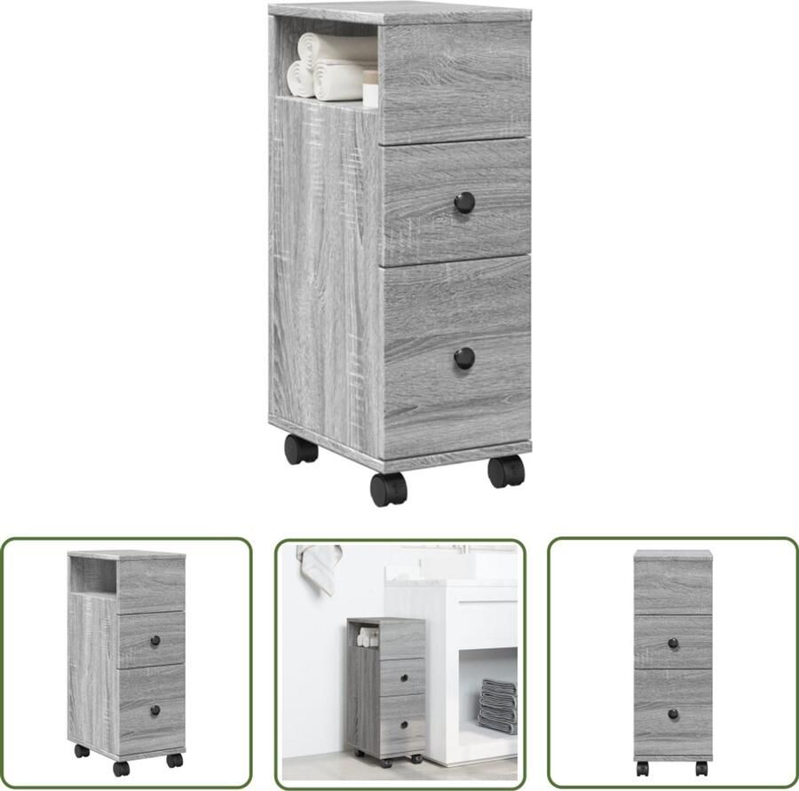 VidaXL Badkamerkast smal met wielen bewerkt hout grijs sonoma eiken Badkamerkast Badkamermeubilair Opbergkast Grijze Badkamerkast Houten Badkamerkast