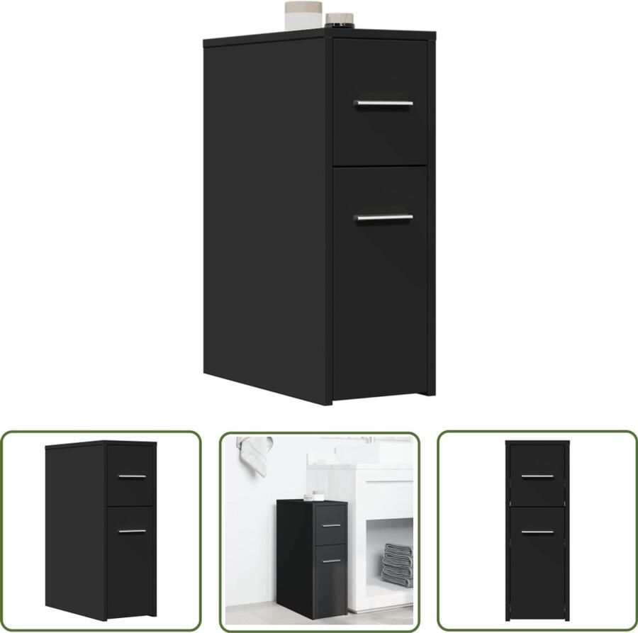 The Living Store Badkamerkast smal met wielen bewerkt hout zwart Badkamerkast Badkamermeubilair Opbergkast Houten Kast Smalle Kast