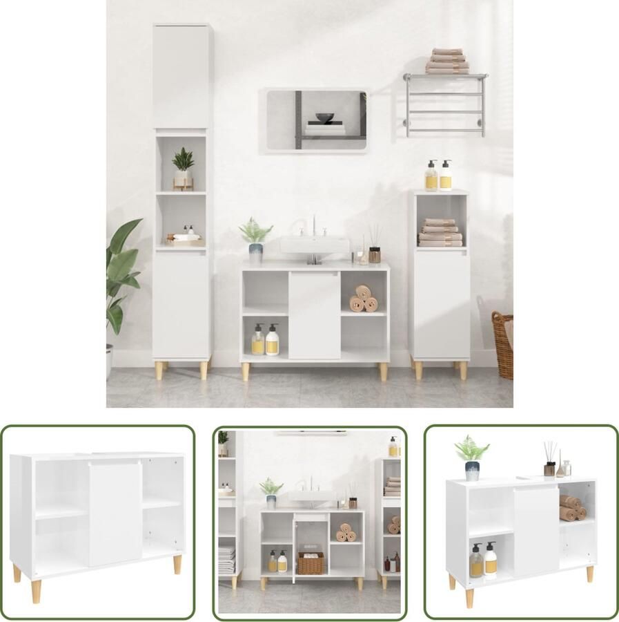 VidaXL Badkamermeubilair Wastafelkast 80x33x60 cm bewerkt hout hoogglans wit Houten Wastafelkast Hoogglans Wit Bewerkt Hout