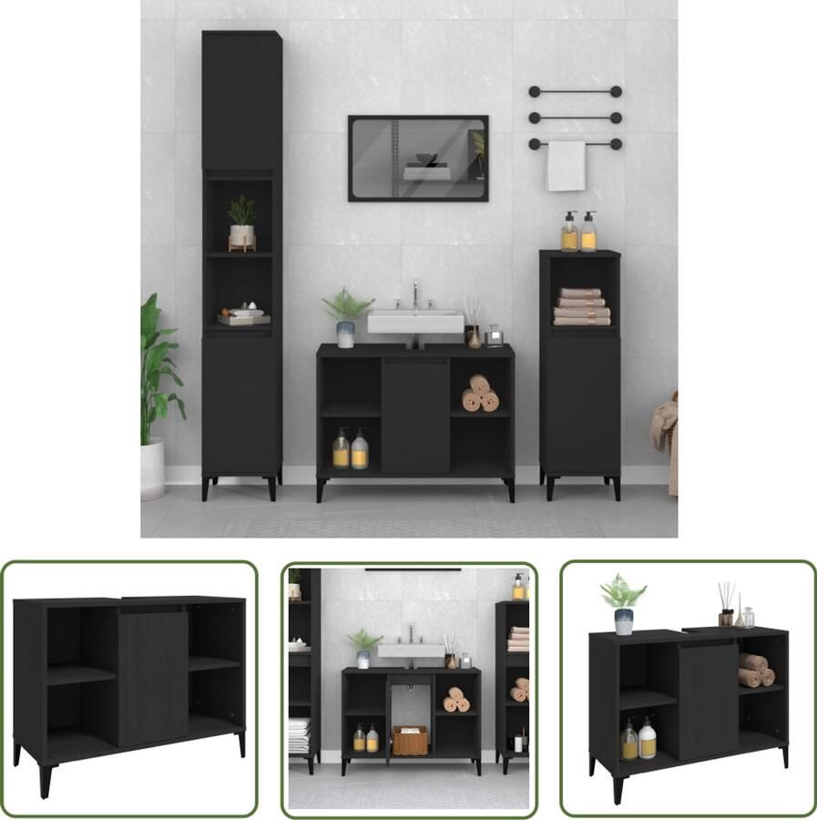 VidaXL Badkamermeubilair Wastafelkast 80x33x60 cm bewerkt hout zwart Houten Wastafelkast Zwarte Wastafelkast Opbergruimte Badkamer