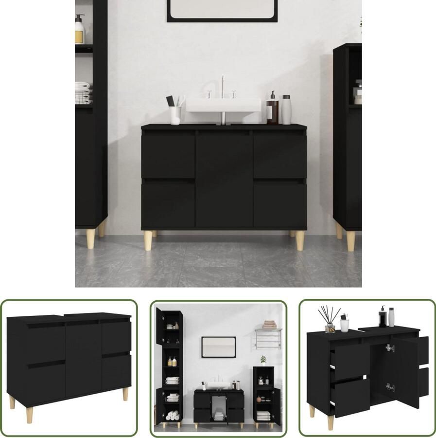 VidaXL Badkamermeubilair Wastafelkast 80x33x60 cm bewerkt hout zwart Houten Wastafelkast Zwarte Wastafelkast Opbergruimte