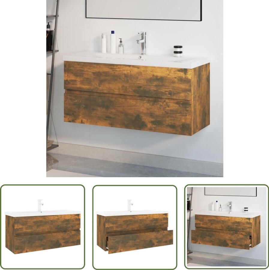 VidaXL Badkamermeubilair Wastafelkast met ingebouwde wasbak bewerkt hout gerookt eiken Houten Kast Bruine Wastafel Keramische Wastafel