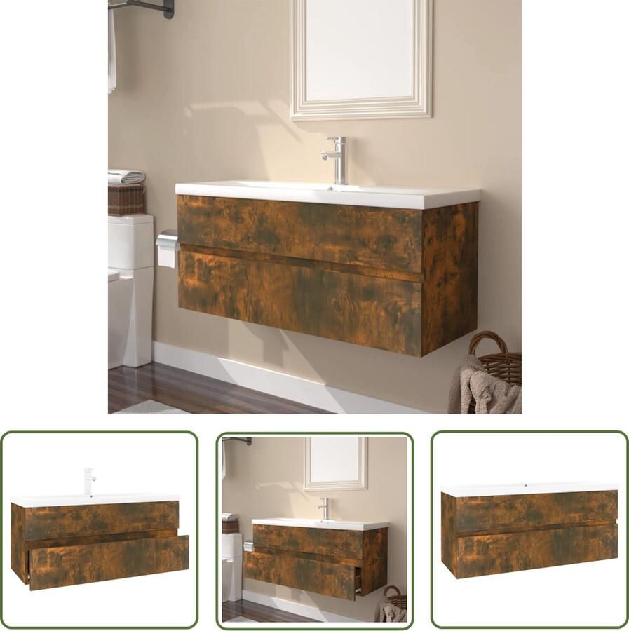 VidaXL Badkamermeubilair Wastafelkast met ingebouwde wasbak bewerkt hout gerookt eiken Houten Kast Bruine Kast Gerookte Eik