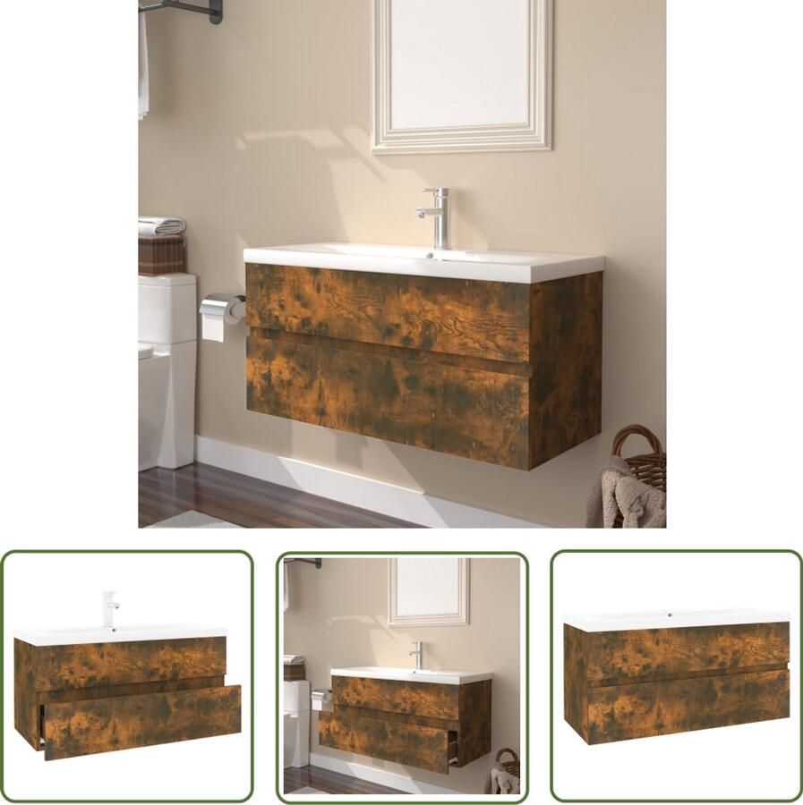 VidaXL Badkamermeubilair Wastafelkast met ingebouwde wasbak bewerkt hout gerookt eiken Houten Wastafel Bruine Wastafel Vintage Wastafel