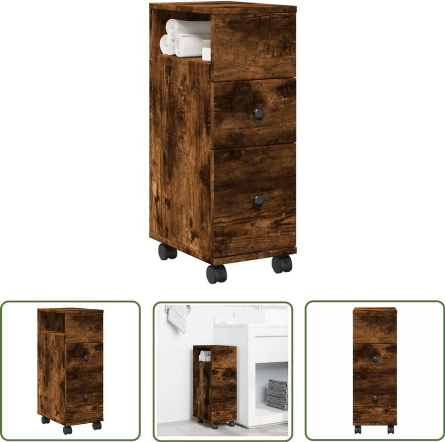VidaXL Badkamerkast smal met wielen bewerkt hout gerookt eikenkleurig Badkamerkast Badkameropbergkast Opbergkast Kleine Badkamerkast Houten Badkamerkast