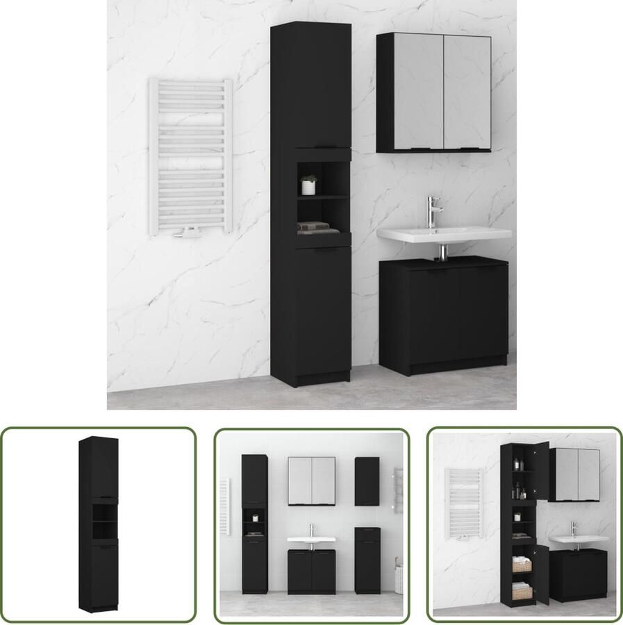 The Living Store Badkamerkast 32x34x188 5 cm bewerkt hout zwart Badkamerkast Badkameropbergruimte Houten Badkamerkast Zwarte Badkamerkast Badkamerinrichting - Foto 2