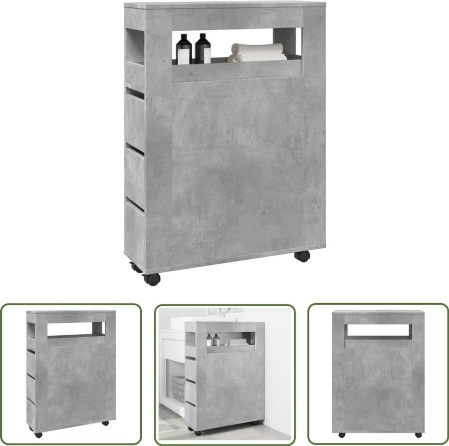 The Living Store Badkamerkast smal met wielen bewerkt hout betongrijs Badkamerkast Badkameropbergruimte Houten Kast Slimme Opbergmogelijkheden Compact Design
