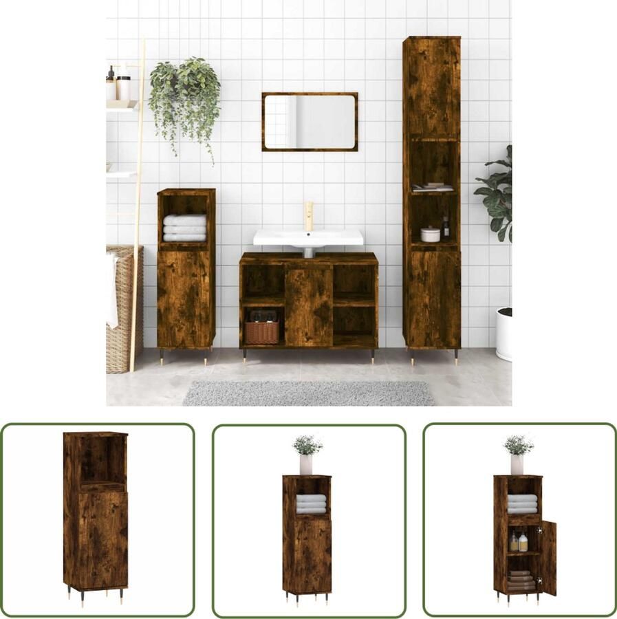 VidaXL Badkamerspiegel Badkamerkast 30x30x100 cm bewerkt hout gerookt eikenkleurig Bruine Badkamerkast Houten Badkamerkast Opbergkast Badkamer