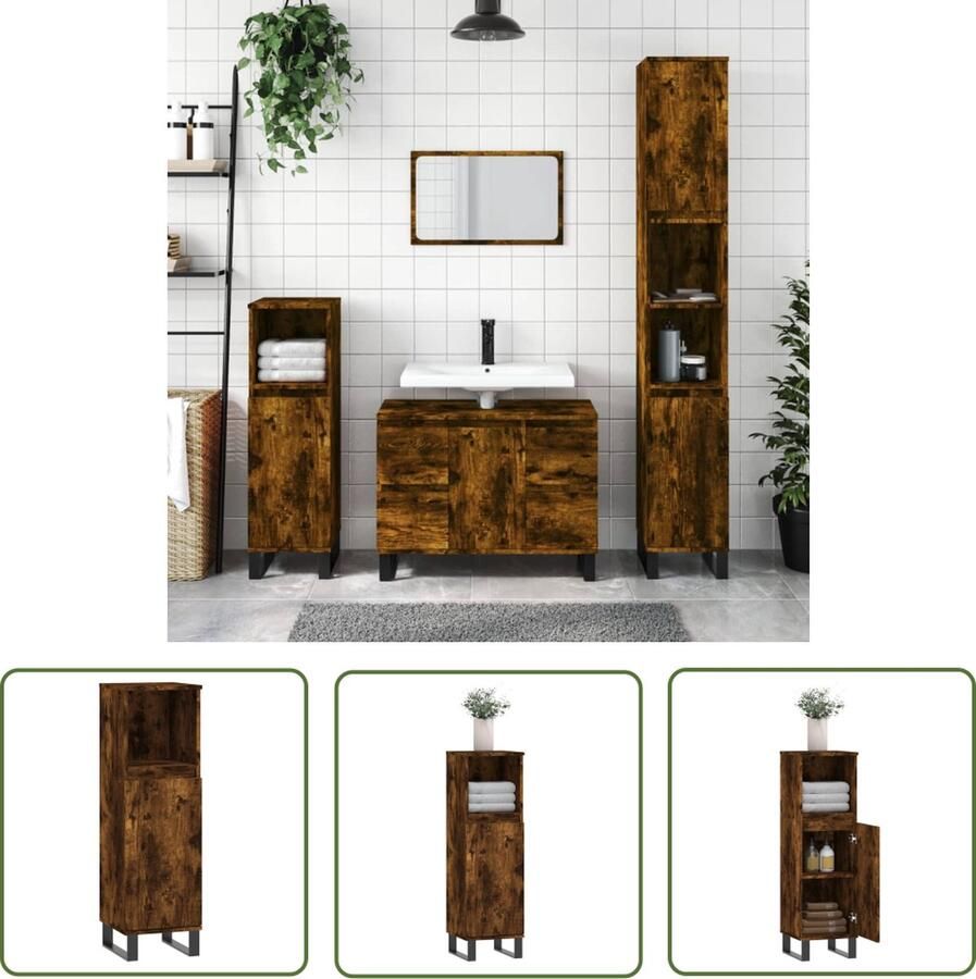 VidaXL Badkamerspiegel Badkamerkast 30x30x100 cm bewerkt hout gerookt eikenkleurig Bruine Badkamerkast Houten Badkamerkast Badkamermeubilair