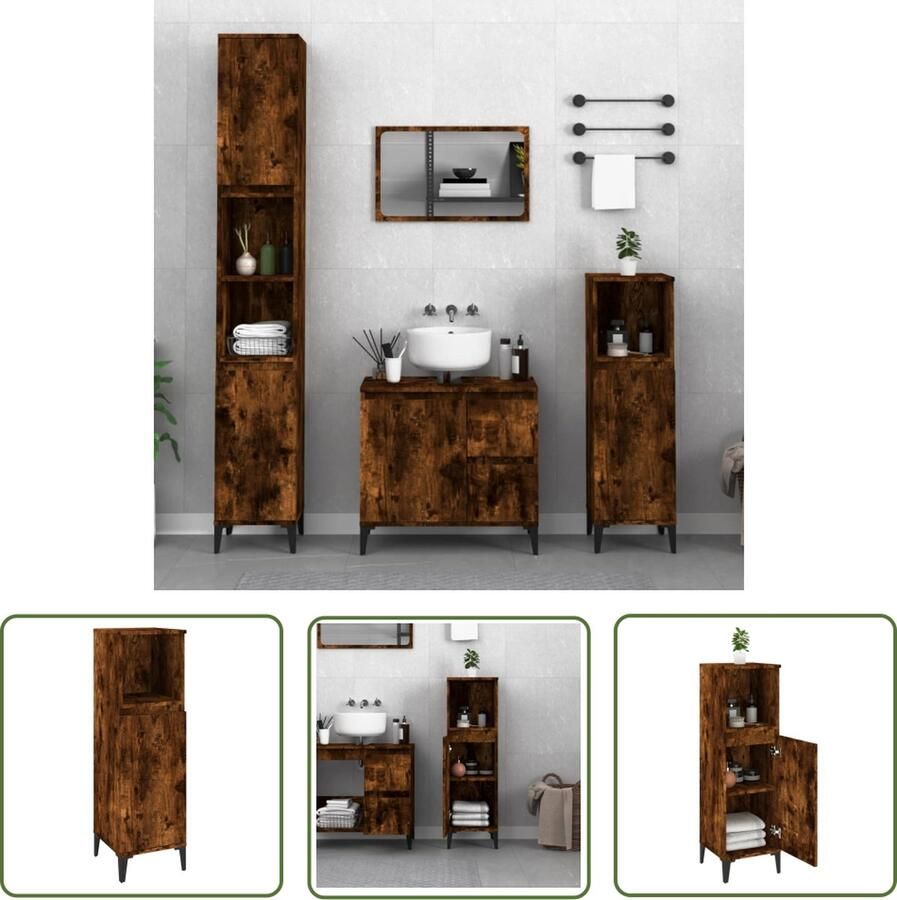 VidaXL Badkamerspiegel Badkamerkast 30x30x100 cm bewerkt hout gerookt eikenkleurig Opbergkast Bruine Badkamermeubilair Houten Badkamerkast