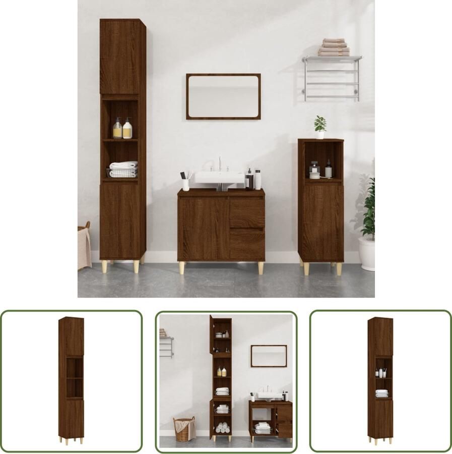 VidaXL Badkamerspiegel Badkamerkast 30x30x190 cm bewerkt hout bruin eikenkleur Houten Kast Opslagruimte Badkamermeubilair