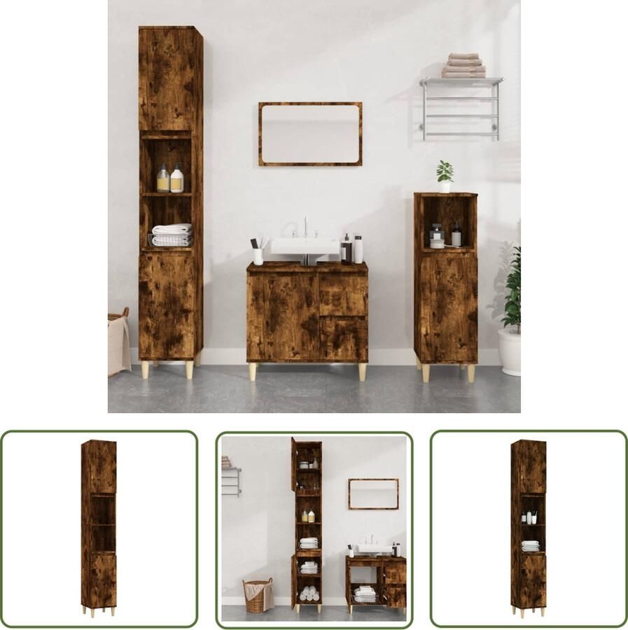 VidaXL Badkamerspiegel Badkamerkast 30x30x190 cm bewerkt hout gerookt eikenkleurig Badkamermeubilair Bruine Badkamerkast Houten Badkamerkast