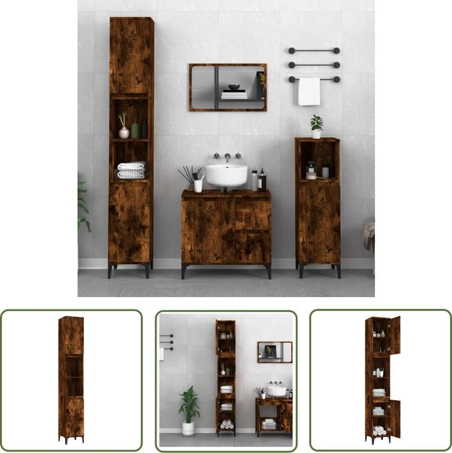 VidaXL Badkamerspiegel Badkamerkast 30x30x190 cm bewerkt hout gerookt eikenkleurig Badkamermeubilair Bruine Badkamerkast Houten Badkamerkast