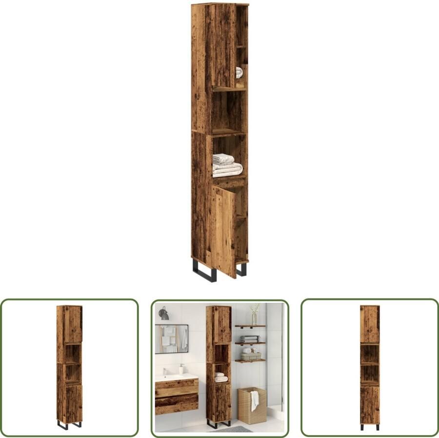 VidaXL Badkamerspiegel Badkamerkast 30x30x190 cm bewerkt hout oud houtkleurig Opslagoplossing Houten Kast Vintage Design