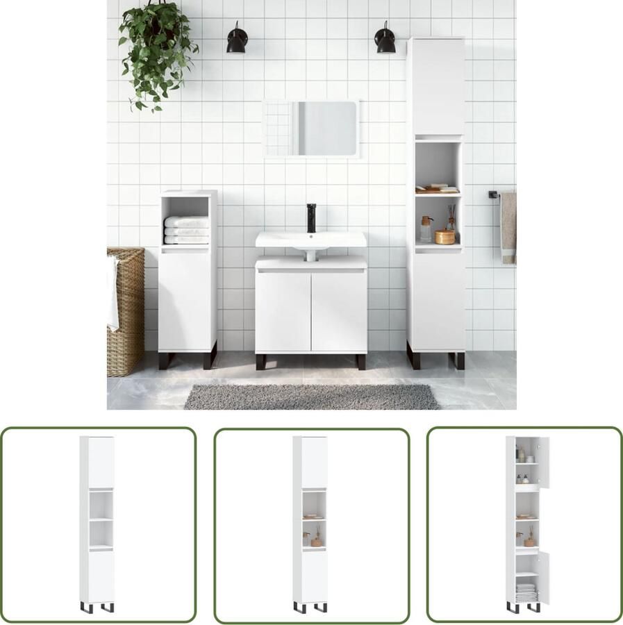 VidaXL Badkamerspiegel Badkamerkast 30x30x190 cm bewerkt hout wit Opslagruimte Houten Kast Witte Kast