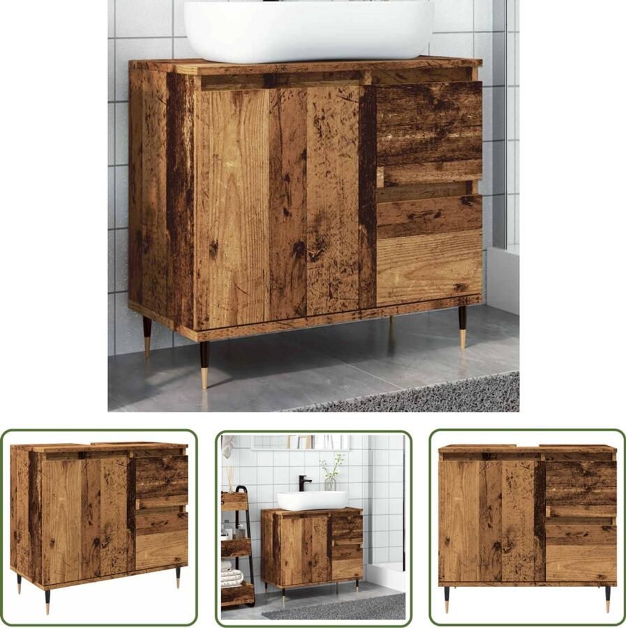 VidaXL Badkamerspiegel Badkamerkast 65x33x60 cm bewerkt hout oud houtkleurig Opslagruimte Houten Kast Vintage Design