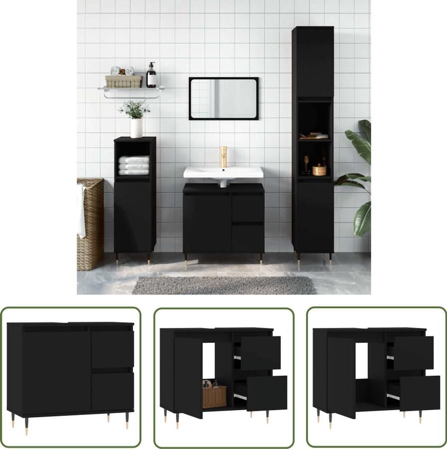 VidaXL Badkamerspiegel Badkamerkast 65x33x60 cm bewerkt hout zwart Zwarte Badkamermeubels Houten Badkamerkasten Badkameropslag