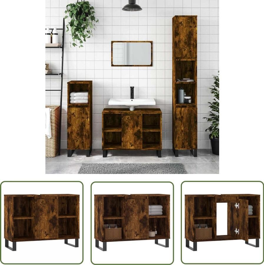 VidaXL Badkamerspiegel Badkamerkast 80x33x60 cm bewerkt hout gerookt eikenkleurig Badkamermeubilair Bruine Badkamerkast Houten Badkamerkast