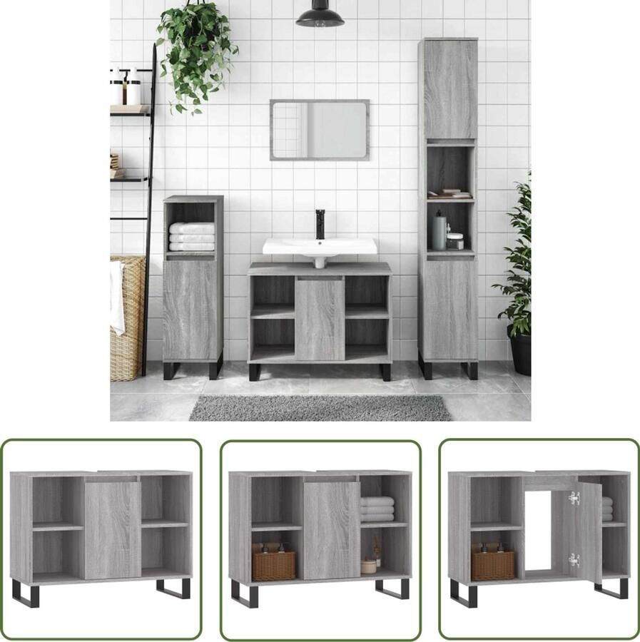 VidaXL Badkamerspiegel Badkamerkast 80x33x60 cm bewerkt hout grijs sonoma eikenkleurig Badkamerinrichting Grijze Badkamer Houten Badkamerkast