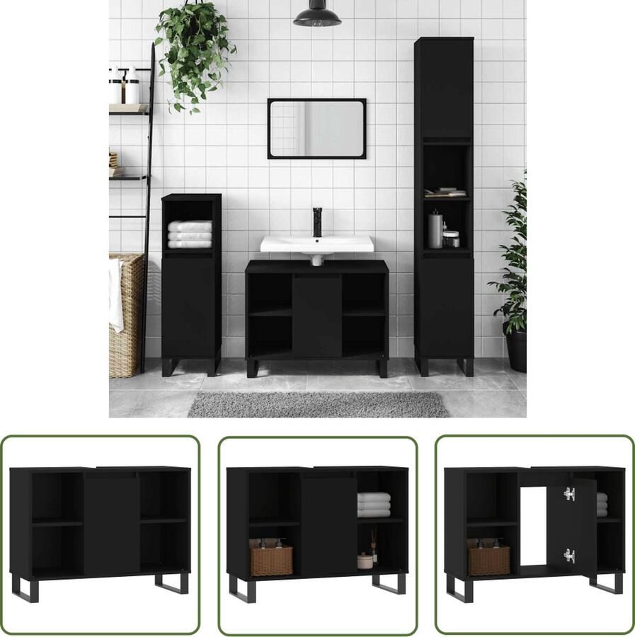 VidaXL Badkamerspiegel Badkamerkast 80x33x60 cm bewerkt hout zwart Opslagruimte Houten Kast Zwarte Kast