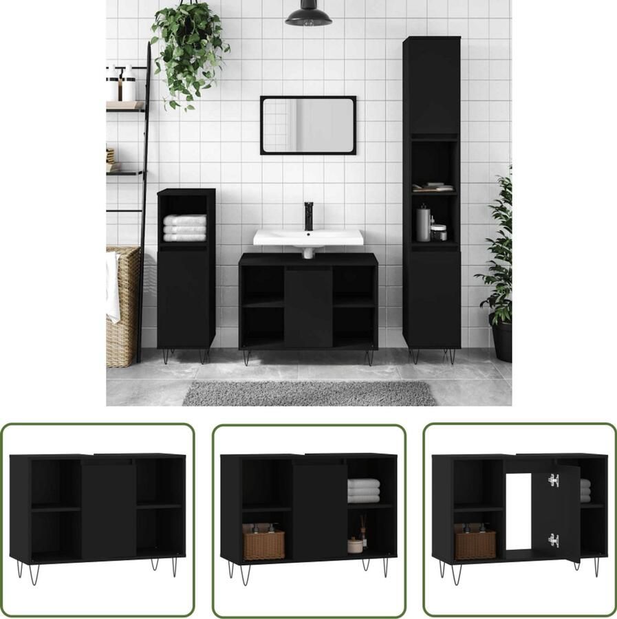 VidaXL Badkamerspiegel Badkamerkast 80x33x60 cm bewerkt hout zwart Zwarte Badkamermeubilair Houten Badkamerkast Badkameropslag