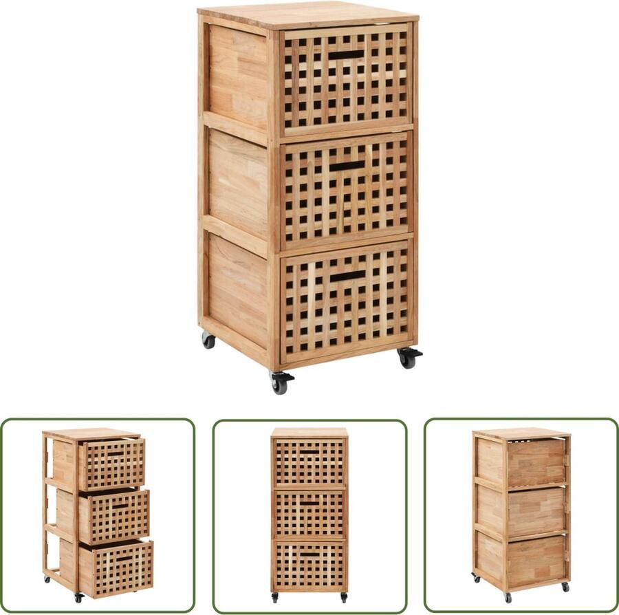 The Living Store Badkaast Walnotenhout 41 x 41 x 91 cm 3 manden 4 wieltjes Badkamerkast Badkamerspiegel Opbergkast Notenhouten Meubilair Walnoot Meubel