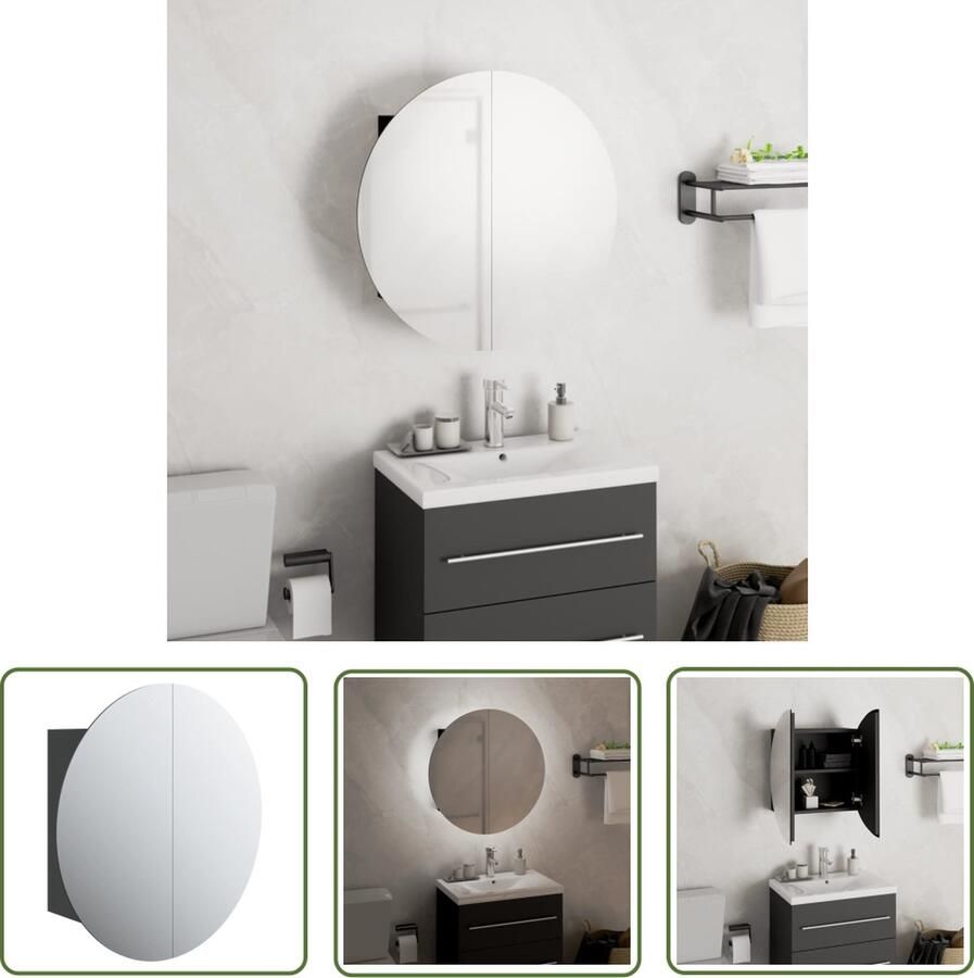 VidaXL Badkamerspiegel Badkamerkast met ronde spiegel en LED 40x40x17 5 cm zwart Led Spiegel Houten Kast Makeup Organizer