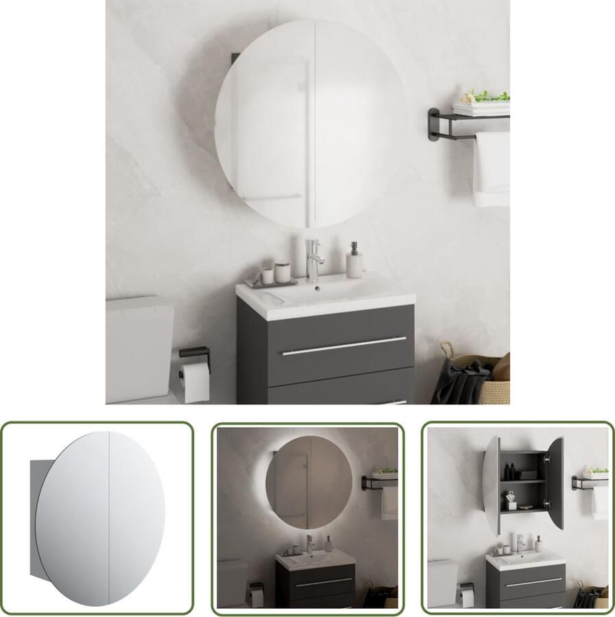 VidaXL Badkamerspiegel Badkamerkast met ronde spiegel en LED 47x47x17 5 cm grijs Led Verlichting Houten Kast Makeup Organizer