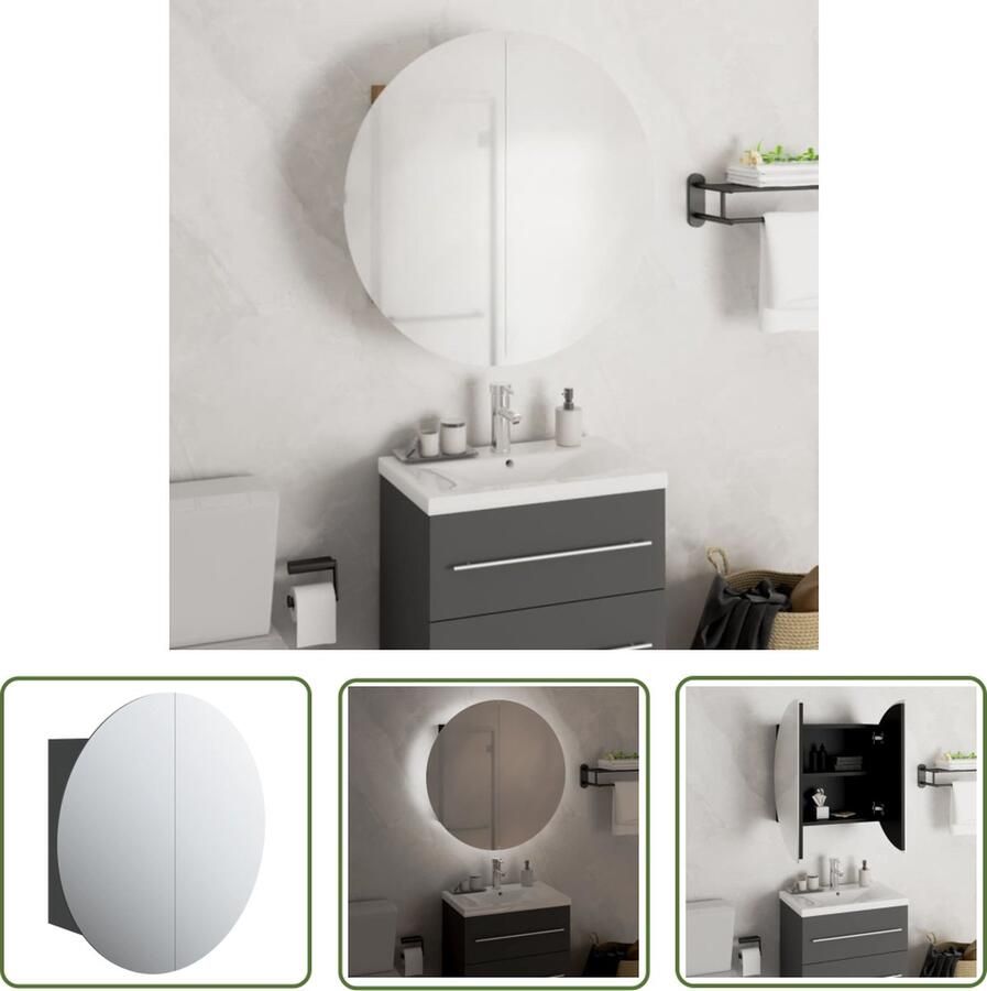 VidaXL Badkamerspiegel Badkamerkast met ronde spiegel en LED 47x47x17 5 cm zwart Led Spiegel Houten Kast Makeup Organizer