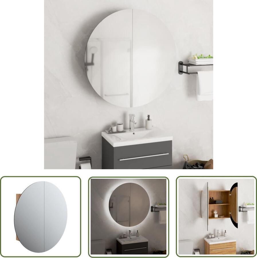 VidaXL Badkamerspiegel Badkamerkast met ronde spiegel en LED 54 x 54 x 17 5 cm eiken Led Verlichting Houten Kast Makeup Organizer