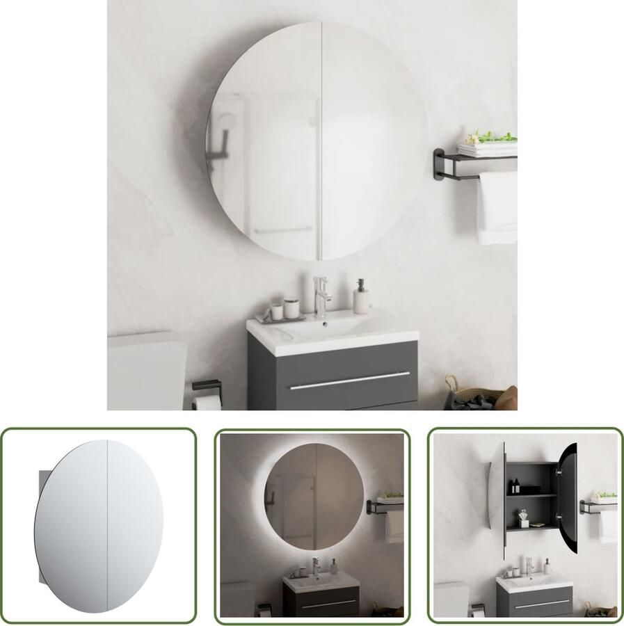 VidaXL Badkamerspiegel Badkamerkast met ronde spiegel en LED 54 x 54 x 17 5 cm grijs Led Verlichting Houten Kast Makeup Organizer