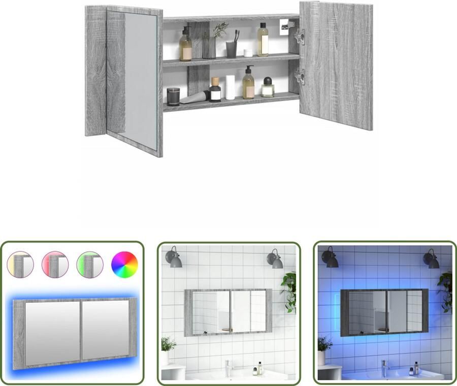 VidaXL Badkamerspiegel Badkamerkast met spiegel en LED 100x12x45 cm grijs sonoma eiken Led Verlichting Grijze Badkamer Sonoma Eiken