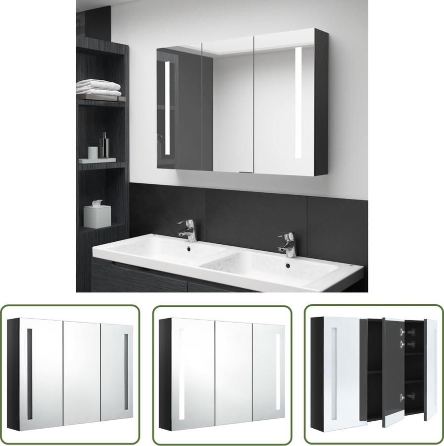 VidaXL Badkamerspiegel Badkamerkast met spiegel en LED 89x14x62 cm glanzend zwart Led Verlichting Mdf Kast Zwarte Badkamermeubel