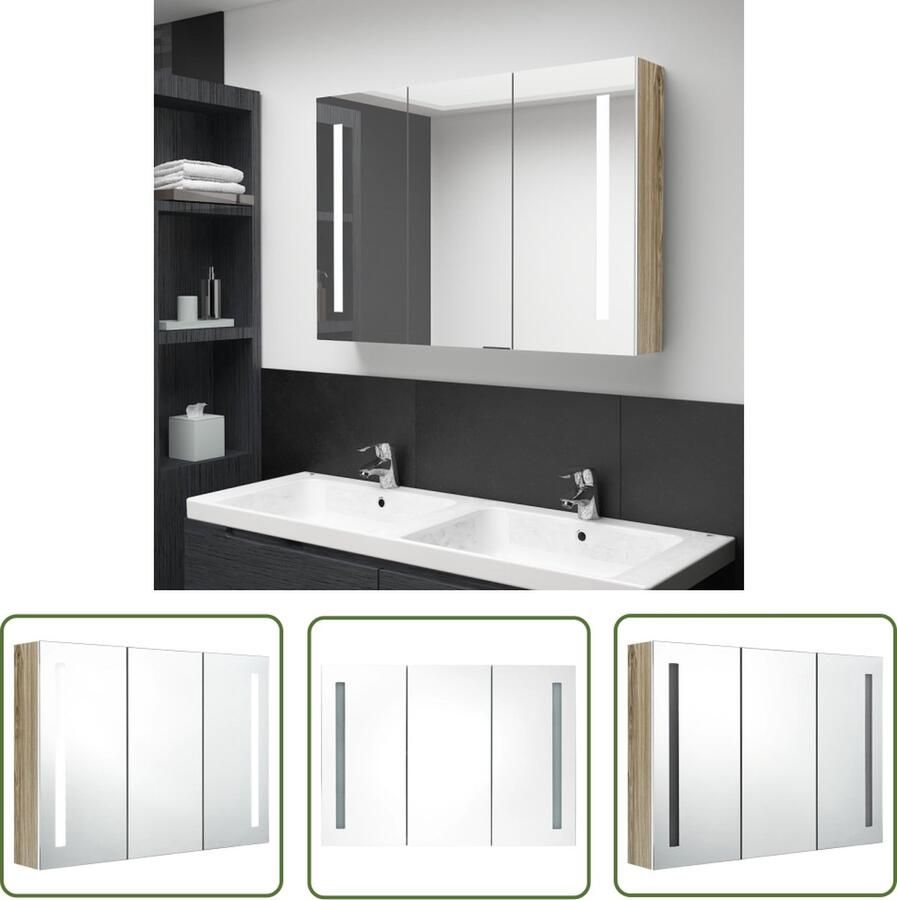 VidaXL Badkamerspiegel Badkamerkast met spiegel en LED 89x14x62 cm wit en eikenkleurig Led Verlichting Mdf Kast Badkamermeubilair