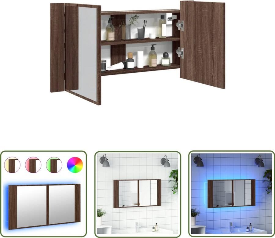 VidaXL Badkamerspiegel Badkamerkast met spiegel en LED 90x12x45 acryl bruineikenkleur Led Spiegel Bruineik Houten Kast