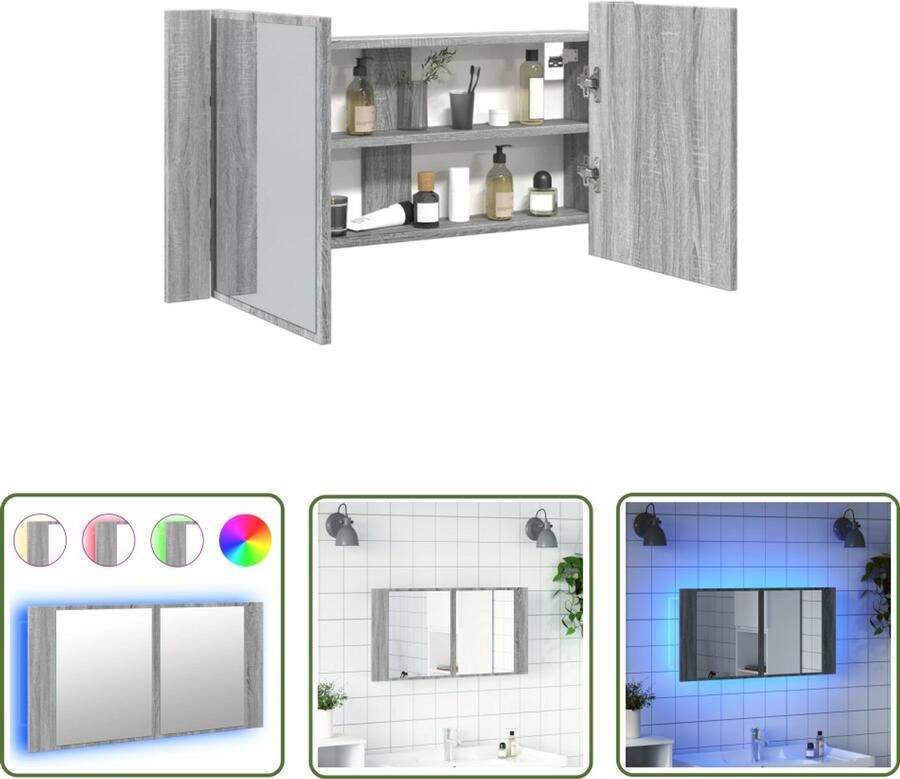 VidaXL Badkamerspiegel Badkamerkast met spiegel en LED 90x12x45 cm acryl grijs sonoma Led Verlichting Grijze Badkamer Sonome Houten Kast