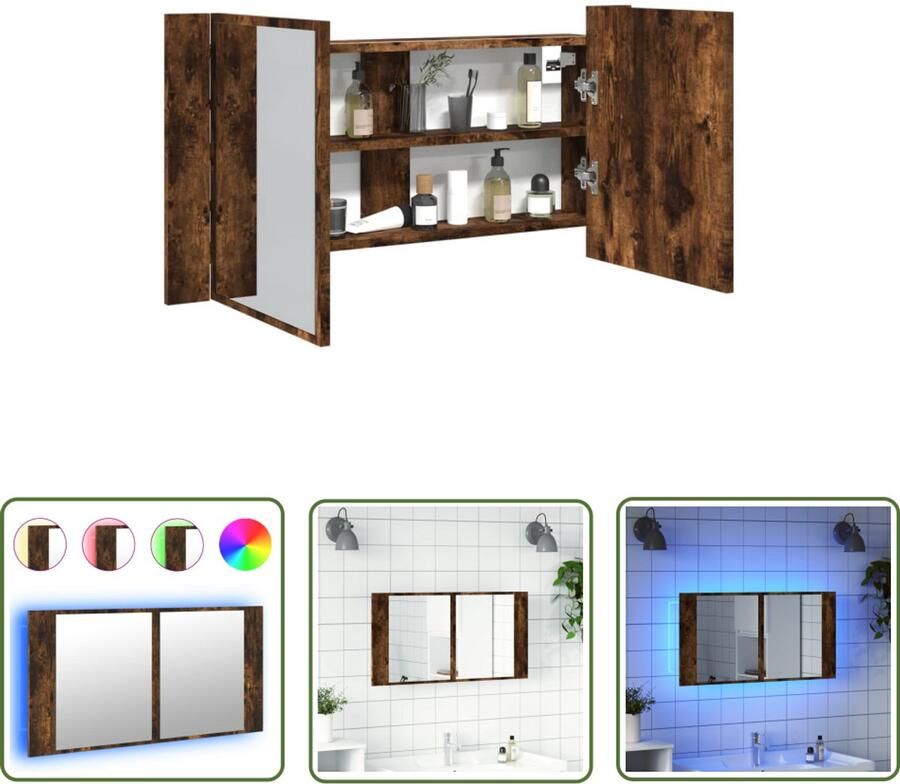 VidaXL Badkamerspiegel Badkamerkast met spiegel LED 90x12x45 acryl gerookt eikenkleur Led Spiegel Bruine Badkamerkast Houten Badkamerkast