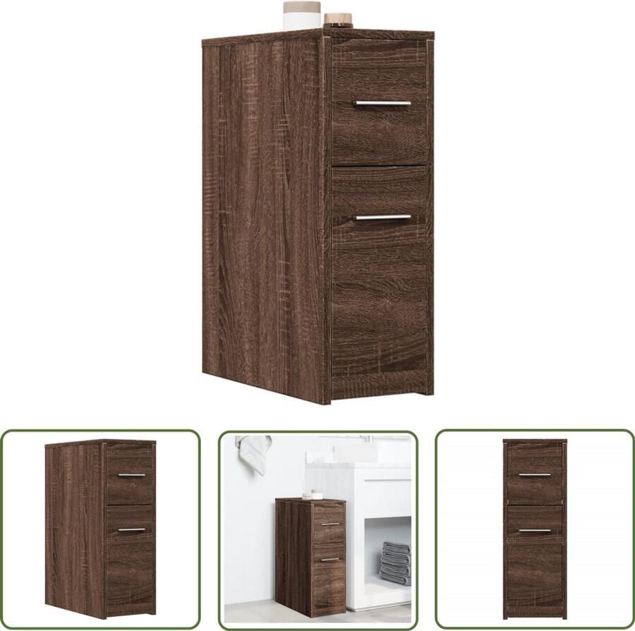 The Living Store Badkamerkast smal met wielen bewerkt hout bruin eikenkleurig Badkamerkast Badkamerspiegel Opslagoplossing Houten Kast Slimme Opbergmogelijkheden