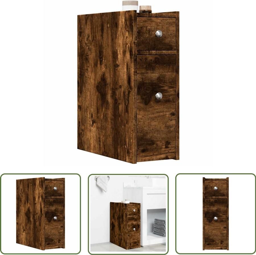 The Living Store Badkamerkast smal met wielen bewerkt hout gerookt eikenkleurig Badkamerkast Badkamerspiegel Opbergkast Houten Kast Robuuste Kast