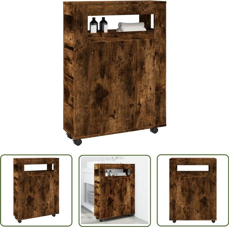 The Living Store Badkamerkast smal met wielen bewerkt hout gerookt eikenkleurig Badkamerkast Badkamerspiegel Opslagoplossing Houten Kast Slimme Opbergkast