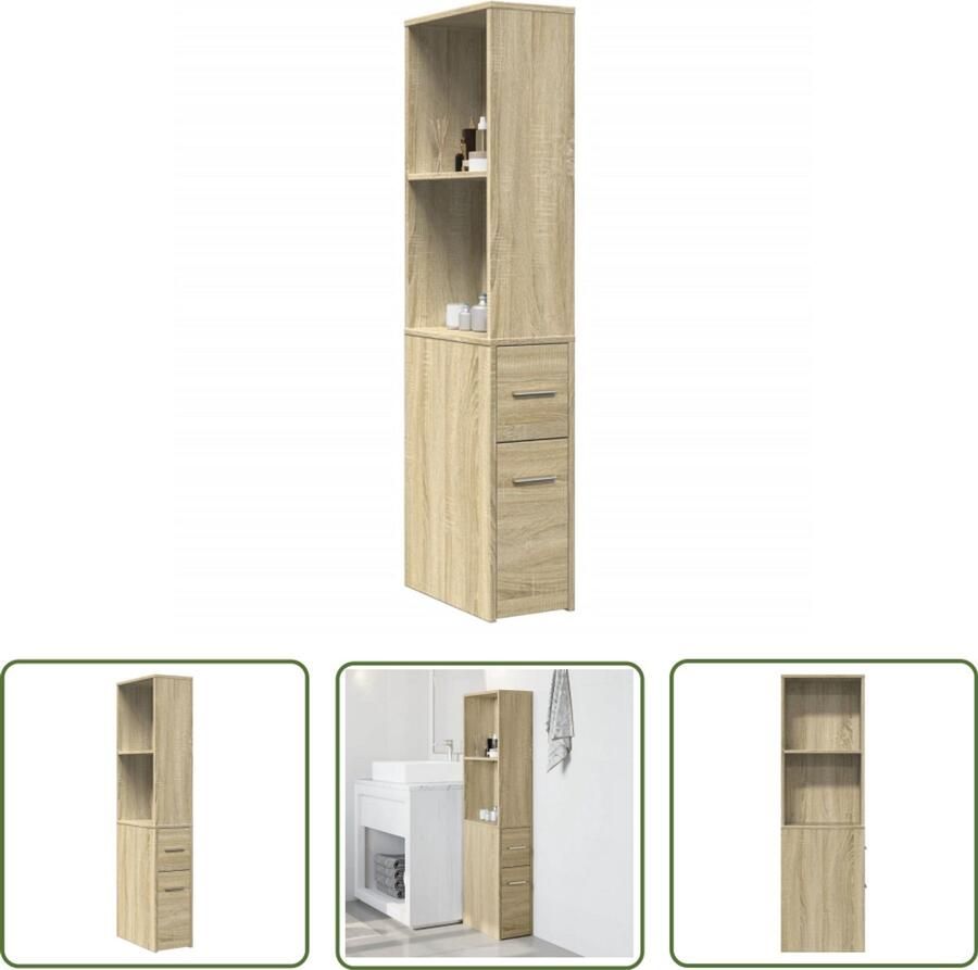 The Living Store Badkamerkast smal met wielen bewerkt hout sonoma eikenkleurig Badkamerkast Badkamerspiegel Opslagkasten Houten Kast Slimme Oplossingen