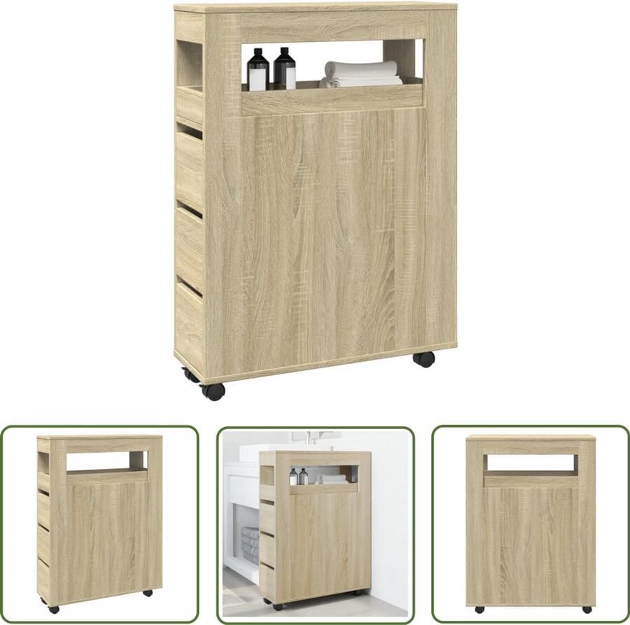 VidaXL Badkamerkast smal met wielen bewerkt hout sonoma eikenkleurig Badkamerkast Badkamerspiegel Opslagoplossing Houten Kast Slimme Opbergmogelijkheden