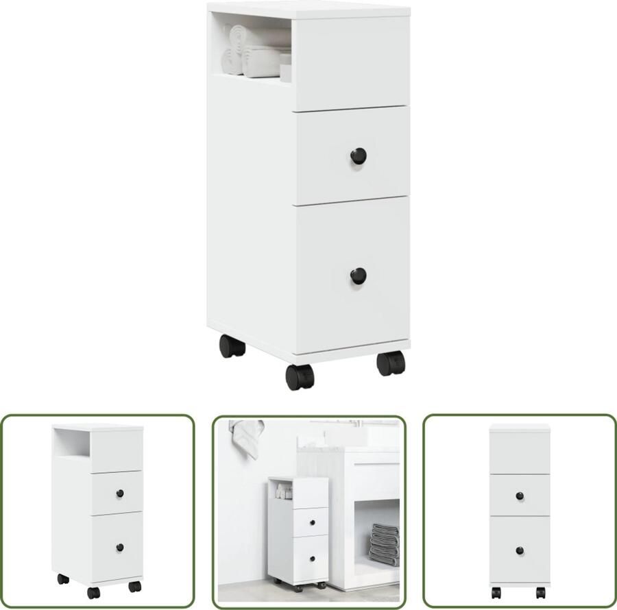 The Living Store Badkamerkast smal met wielen bewerkt hout wit Badkamerkast Badkamerspiegel Opslagoplossing Houten Kast Witte Kast