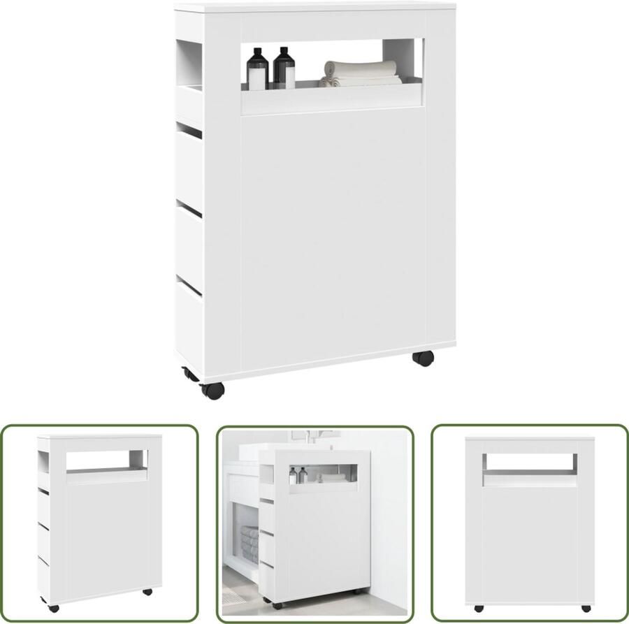 VidaXL Badkamerkast smal met wielen bewerkt hout wit Badkamerkast Badkamerspiegel Opslagoplossing Houten Kast Slimme Opbergkast - Foto 2