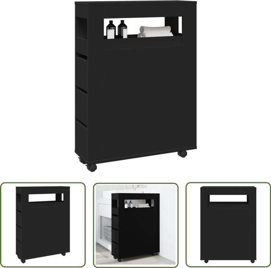 VidaXL Badkamerspiegel Badkamerkast smal met wielen bewerkt hout zwart Opslagoplossing Houten Kast Slimme Opbergmogelijkheden