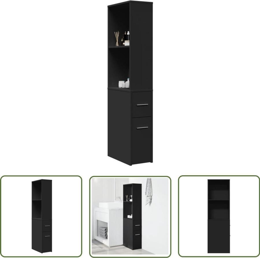 VidaXL Badkamerkast smal met wielen bewerkt hout zwart Badkamerkast Badkamerspiegel Opslagruimte Houten Kast Zwarte Kast