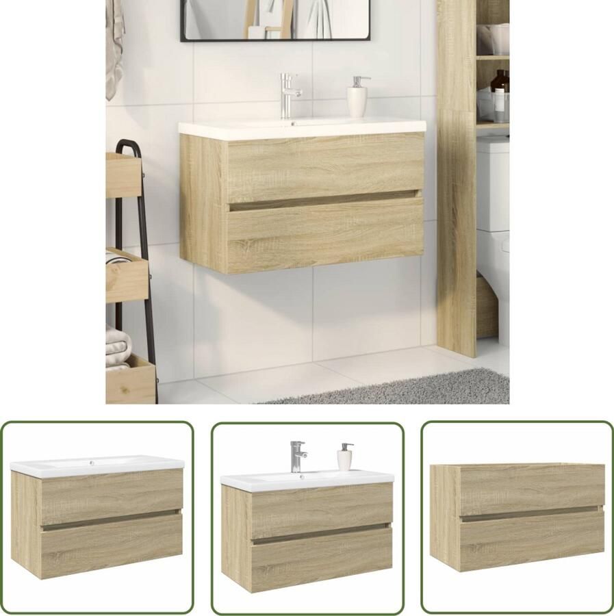 VidaXL Badkamerspiegel Badkamermeubel 2-delige Badkamermeubelset keramiek en bewerkt hout Wastafel Kast Houten Badkamermeubel Badkamer Set