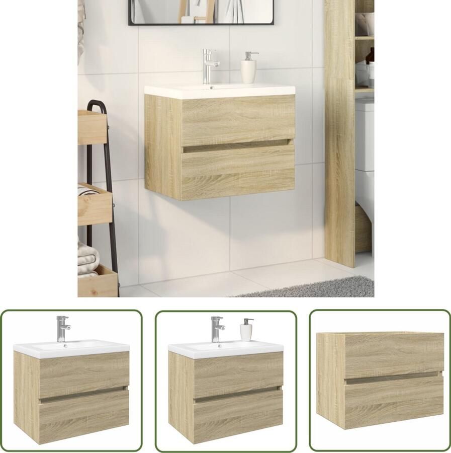 VidaXL Badkamerspiegel Badkamermeubelset 2-delige Badkamermeubelset keramiek en bewerkt hout Bruine Badkamer Houten Badkamermeubel Badkamerkasten